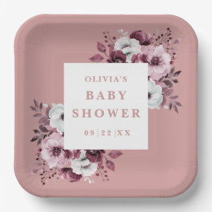 Dusty Rose Elegant Country Floral Baby Shower Paper Plates
