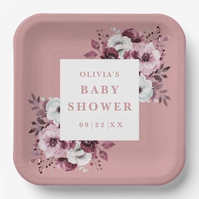 Dusty Rose Elegant Country Floral Baby Shower Paper Plates (Front)