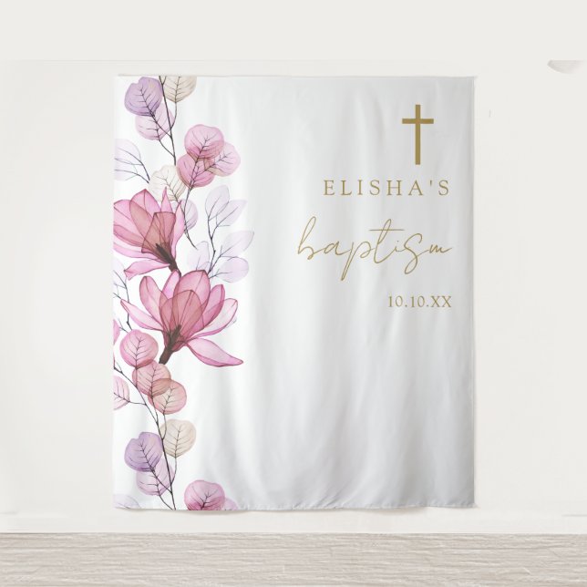 Dusty Rose Elegant Floral Baptism Photo Backdrop (Front)