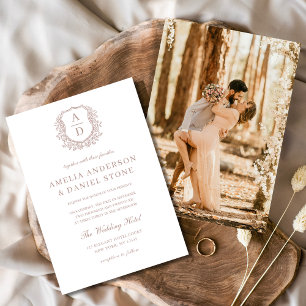 Dusty Rose Elegant Floral Crest Monogram Wedding Invitation