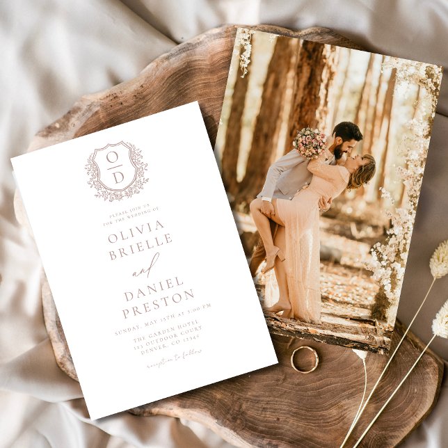 Dusty Rose Elegant Floral Crest Monogram Wedding  Invitation (Creator Uploaded)