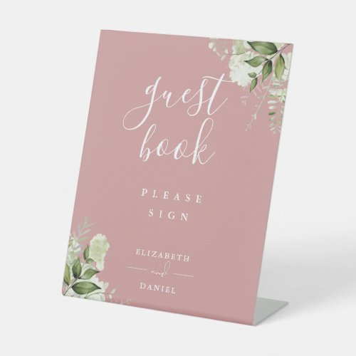 Dusty Rose Elegant Floral Greenery Guest Book Pedestal Sign