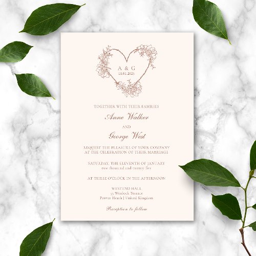 Dusty Rose Elegant Floral Heart Romantic Wedding Invitation