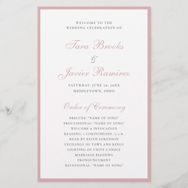 Dusty Rose Elegant Formal Budget Wedding Program Flyer (Front)