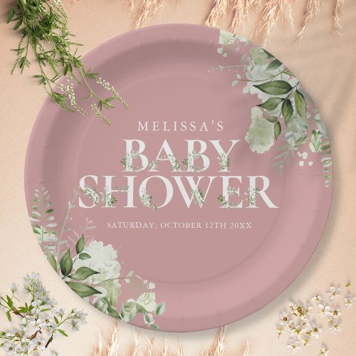 Dusty Rose Elegant Greenery Girl Baby Shower Paper Plates