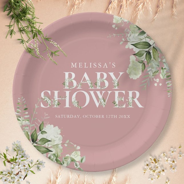 Dusty Rose Elegant Greenery Girl Baby Shower Paper Plates (Creator Uploaded)