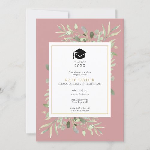 Dusty Rose Elegant Greenery Photo Graduation Party Invitation