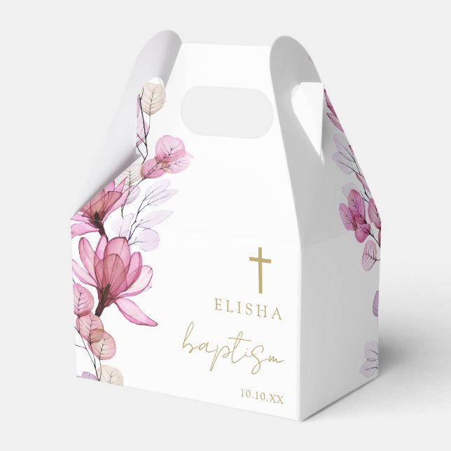 Dusty Rose Elegant Modern Floral Baptism Favor Boxes (Front Side)