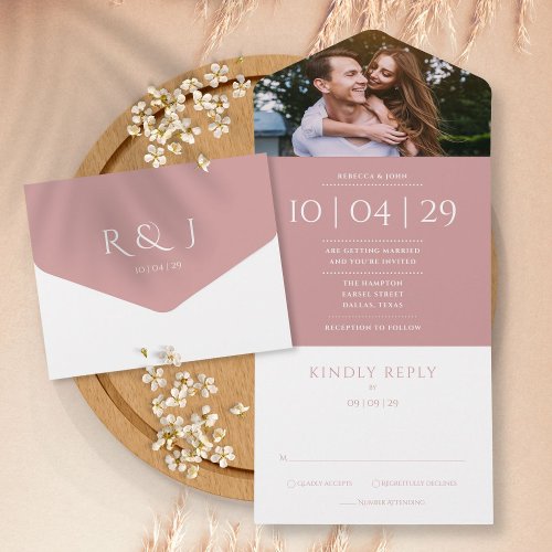 Dusty Rose Elegant Monogram Photo Wedding Date All In One Invitation