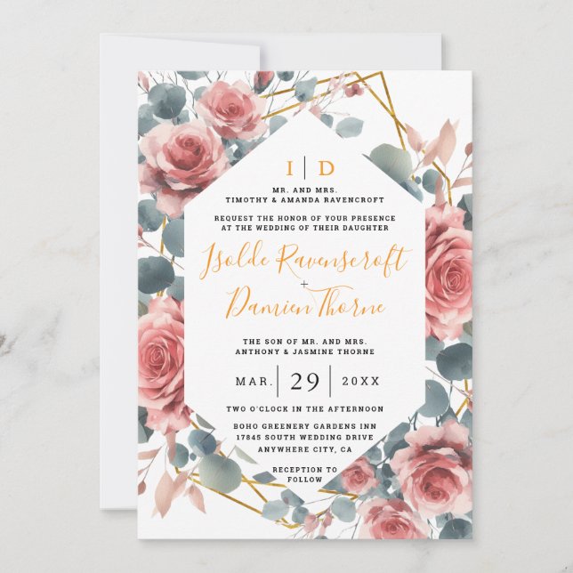 Dusty Rose Elegant Pink Mauve Gold Floral Wedding Invitation (Front)