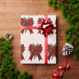 Dusty Rose Elegant Red Bow & Berry Christmas Wrapping Paper