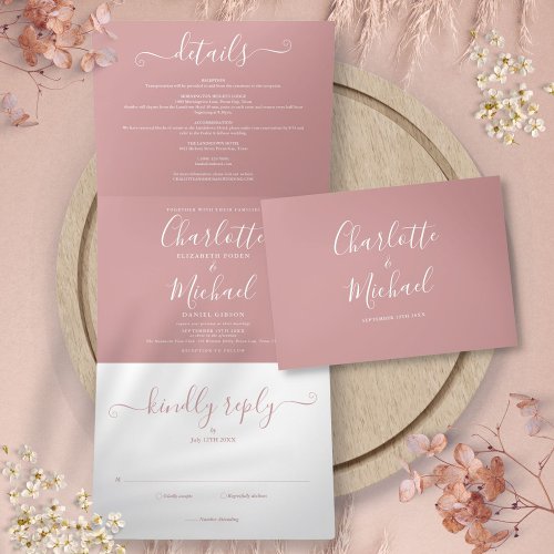 Dusty Rose Elegant Script Monogram Wedding Tri_Fold Invitation