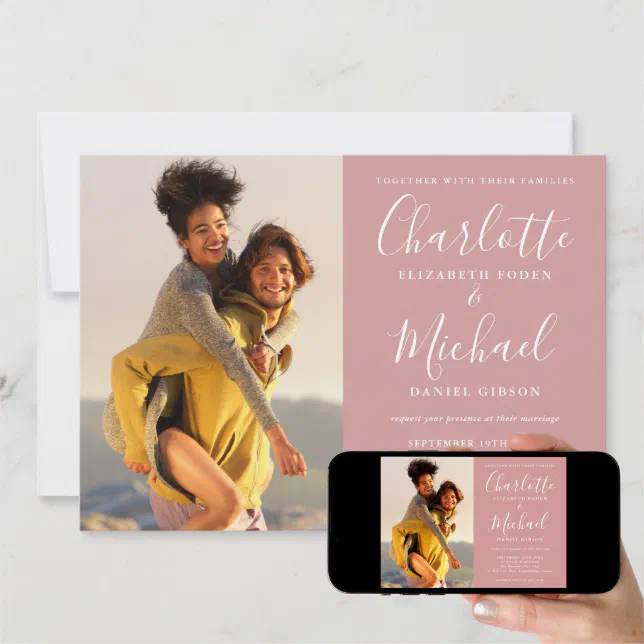 Dusty Rose Elegant Signature Script Photos Wedding Invitation 