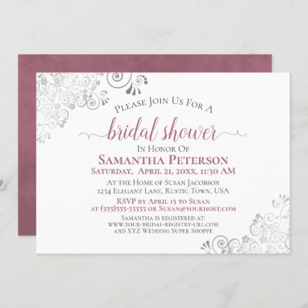 Dusty Rose Elegant Silver Lace White Bridal Shower Invitation