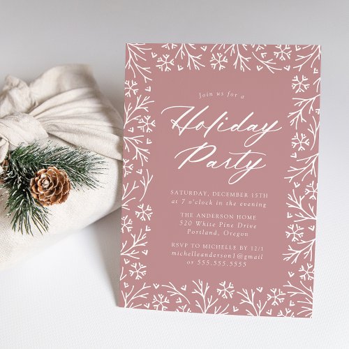 Dusty Rose Elegant Snowflake Holiday Party Invitation