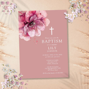 Dusty Rose Elegant Watercolor Floral Baptism Invitation