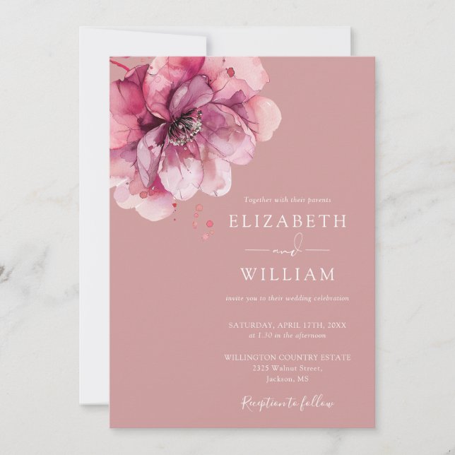 Dusty Rose Elegant Watercolor Floral Wedding Invitation (Front)