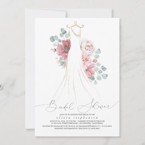 Dusty Rose Elegant Wedding Dress Bridal Shower Invitation