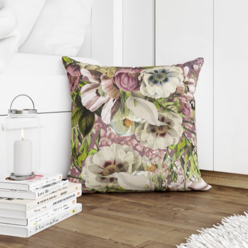 Dusty rose emerald green and white grey flowers throw pillow