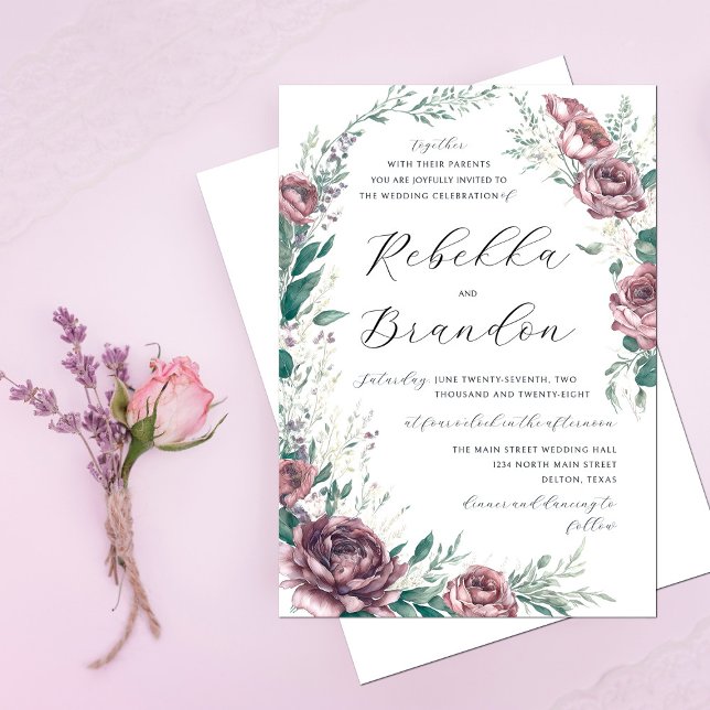Dusty Rose Emerald Green Peony Flowers Wedding Invitation (Creator Uploaded)