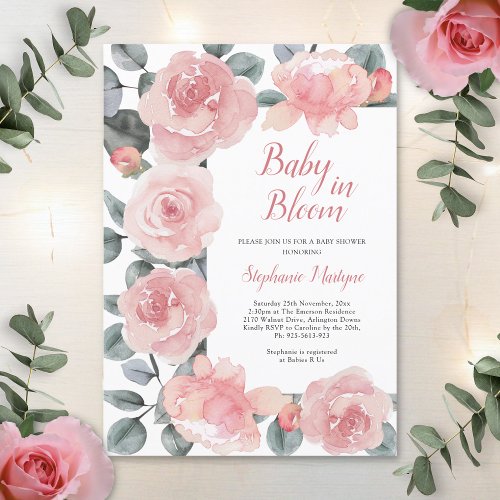 Dusty Rose Eucalyptus Baby In Bloom Baby Shower Invitation