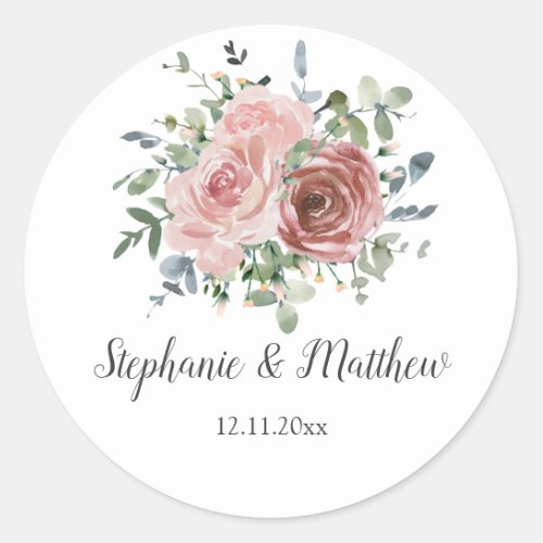 Dusty Rose Eucalyptus Botanical Floral Wedding Classic Round Sticker