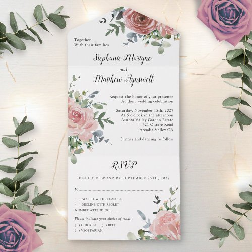 Dusty Rose Eucalyptus Botanical Wedding All In One Invitation