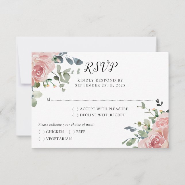 Dusty Rose Eucalyptus Botanical Wedding RSVP Card (Front)