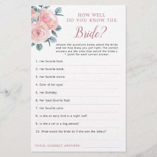 Dusty Rose Eucalyptus Floral Bridal Shower Game