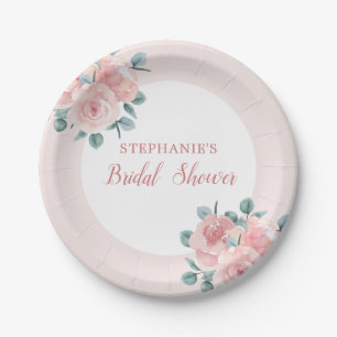 Dusty Rose Eucalyptus Floral Elegant Bridal Shower Paper Plates