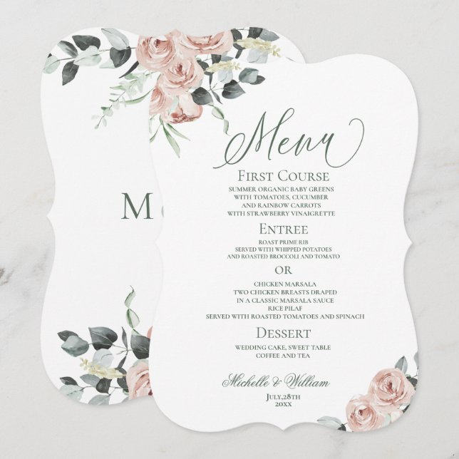Dusty Rose Eucalyptus Floral Wedding   Menu (Front/Back)