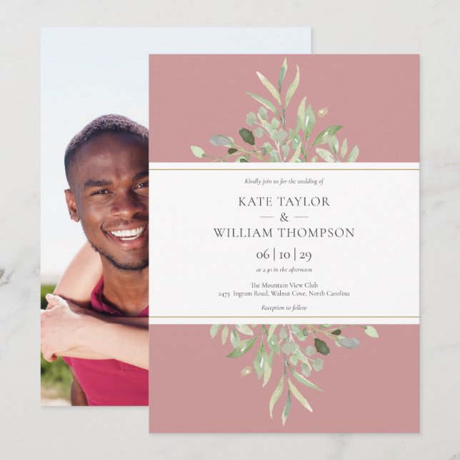 Dusty Rose Eucalyptus Greenery Photo Wedding Invitation (Front/Back)