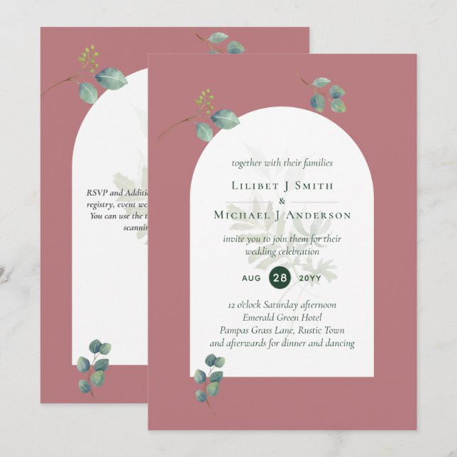 Dusty Rose Eucalyptus Greenery Wedding Arch Invitation (Front/Back)