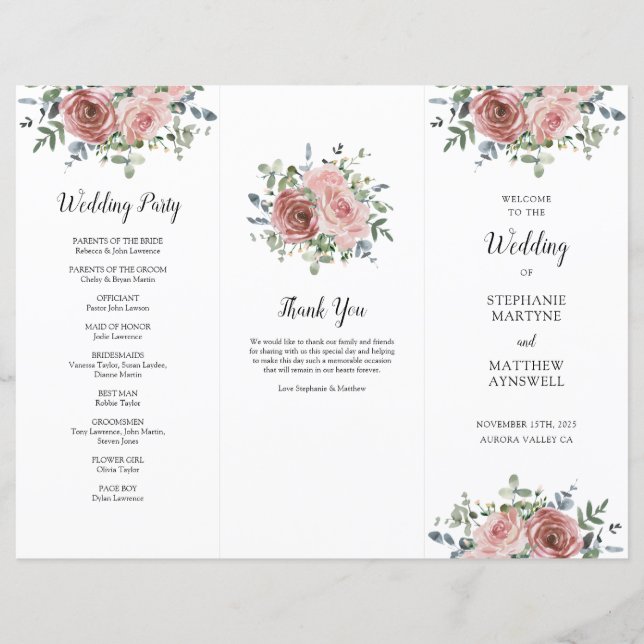 Dusty Rose Eucalyptus Order of Service (Front)