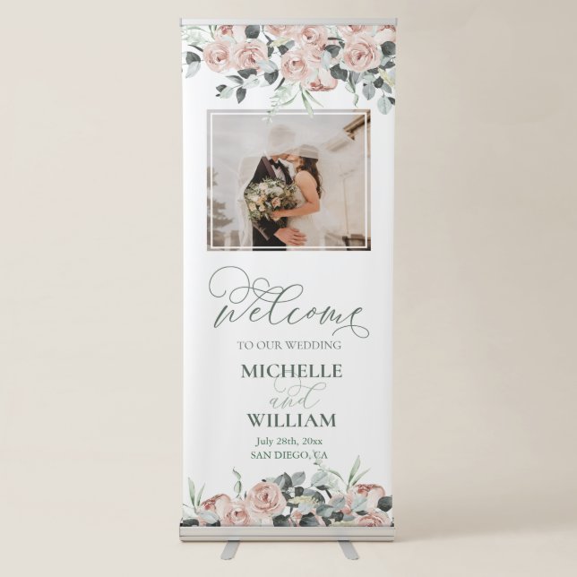 Dusty Rose Eucalyptus Photo Wedding Welcome   Retractable Banner (Front)