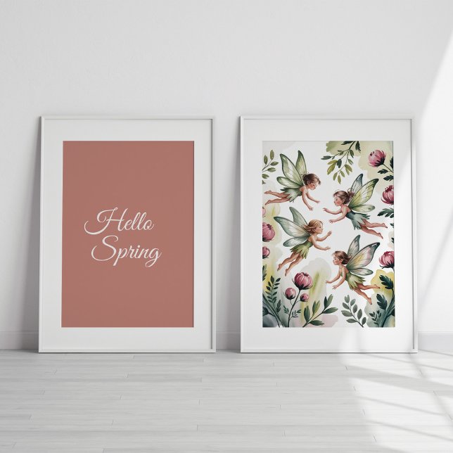 Dusty Rose Fairy Garden Wall Art Set of 2 (Dusty Rose Fairy Garden Wall Art Set of 2 in white wooden frame with matte)