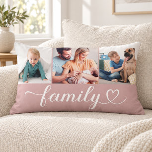 Dusty Rose Family Heart 3 Photo Collage Lumbar Pillow