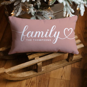 Dusty Rose Family Heart Script Monogram Lumbar Pillow
