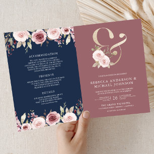 Dusty Rose Floral Ampersand QR Code Navy Wedding Invitation