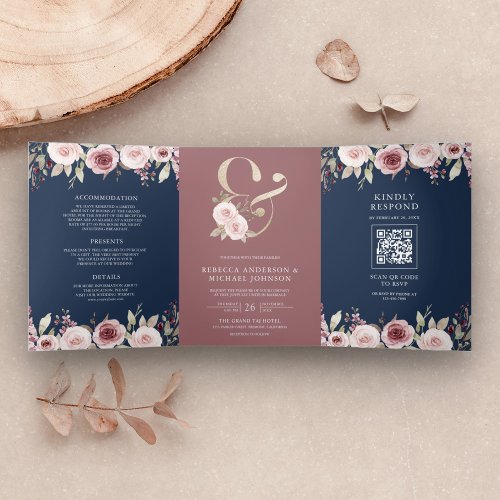 Dusty Rose Floral Ampersand QR Code Navy Wedding Tri_Fold Invitation