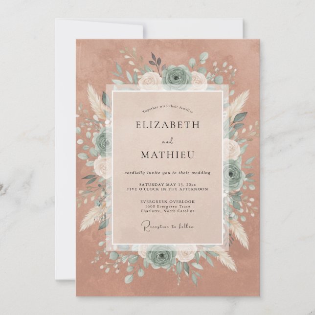 Dusty Rose Floral Arrangement Wedding Invitation (Front)
