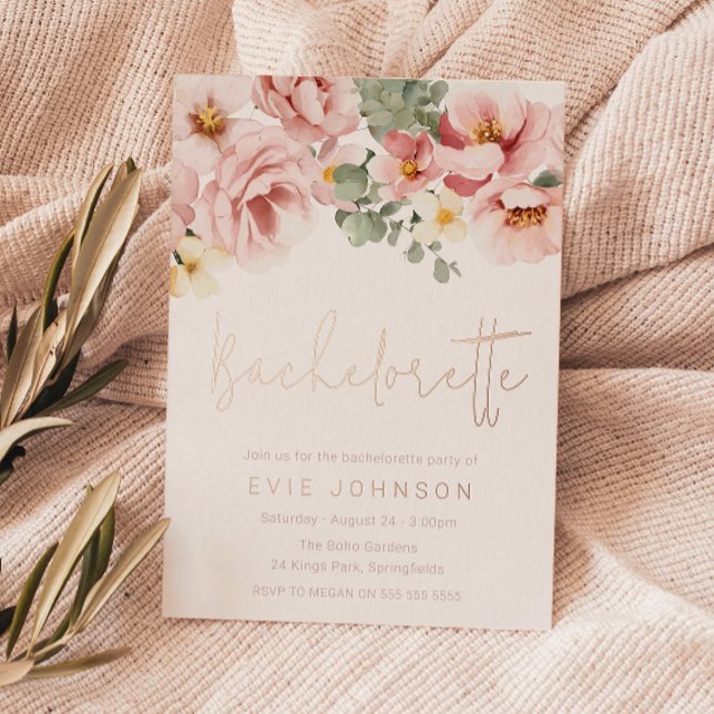 Dusty Rose Floral Bachelorette Party Rose Gold Foil Invitation (Creator Uploaded)