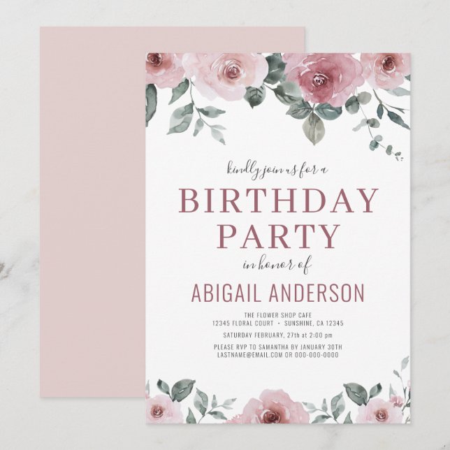 Dusty Rose Floral Birthday Party Any Age  Invitation (Front/Back)