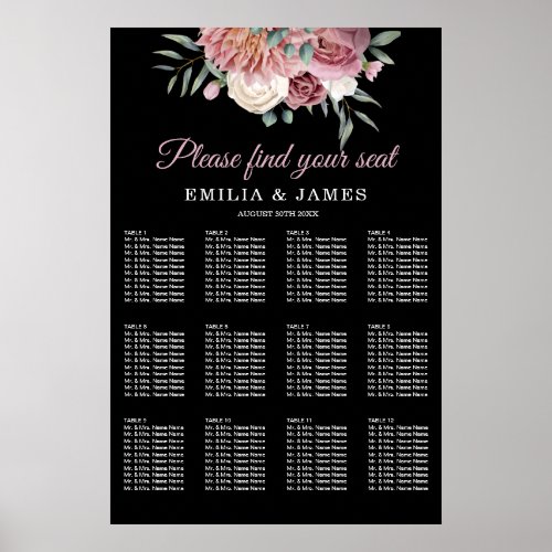 Dusty Rose Floral black Wedding Seating Chart