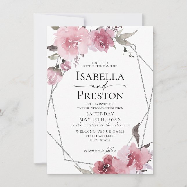  Dusty Rose Floral Blush Boho Silver Foil Wedding  Invitation (Front)