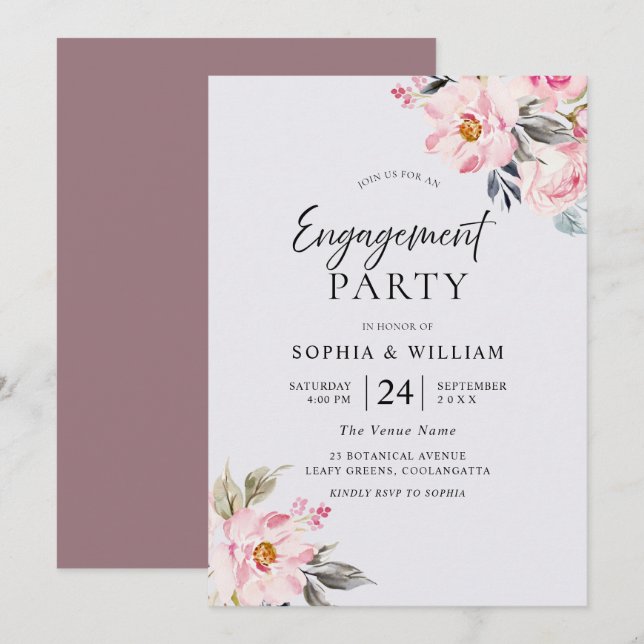 Dusty Rose Floral Blush Pink Engagement Party Invitation (Front/Back)