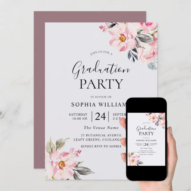 Dusty Rose Floral Blush Pink Graduation Party Invitation Zazzle