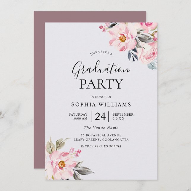 Dusty Rose Floral Blush Pink Graduation Party Invitation (Front/Back)