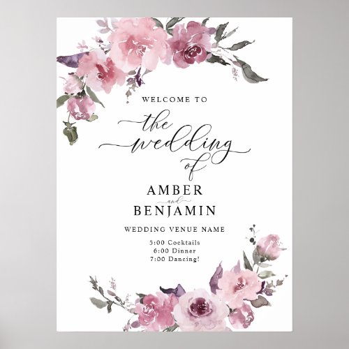 Dusty Rose Floral Blush Pink Mauve Wedding Welcome Poster