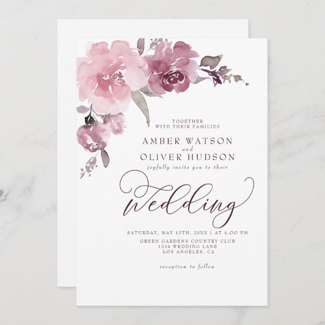 Dusty Rose Floral Blush Pink Pastel Flower Wedding Invitation (Front/Back)